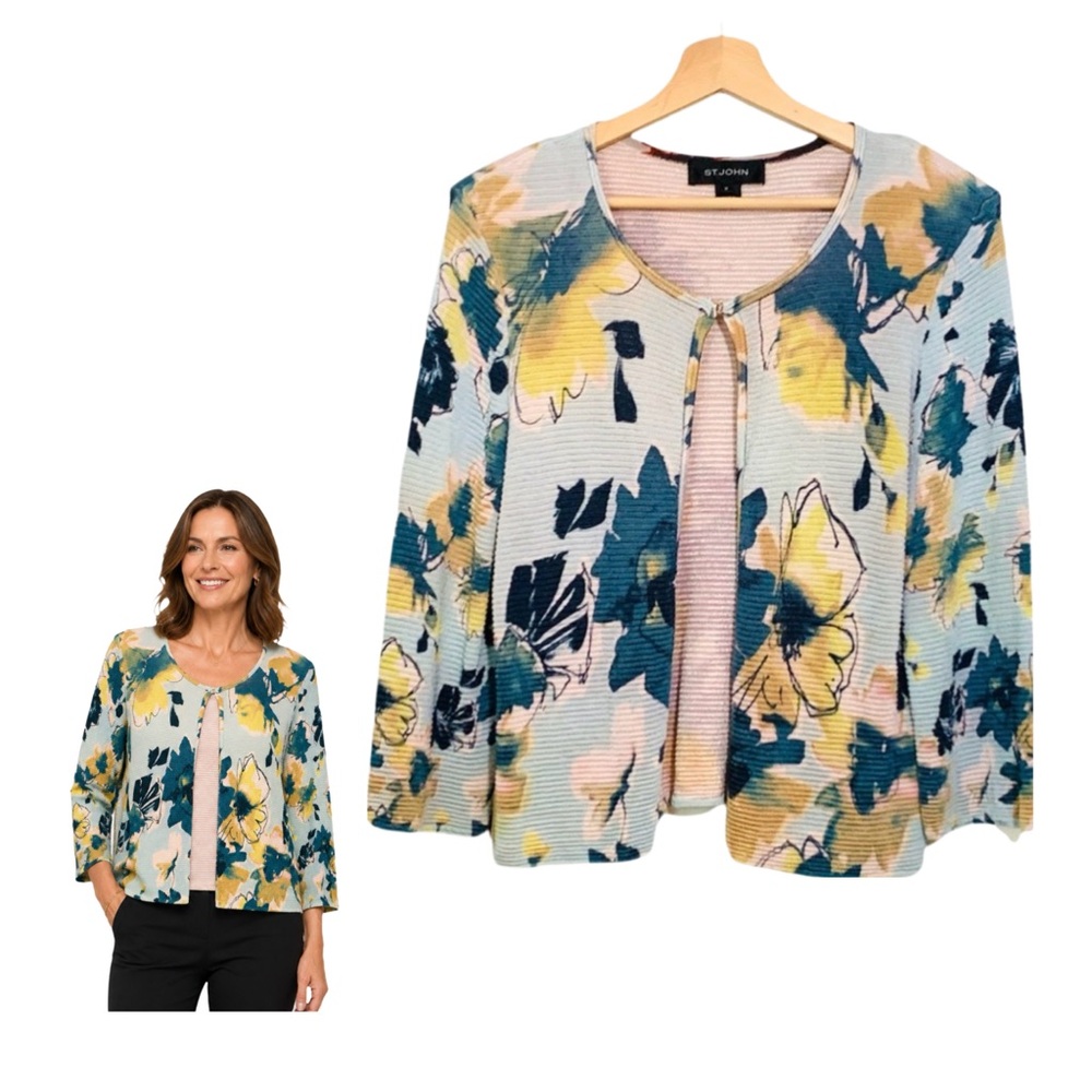 St John Cardigan Knit Ribbed Floral Print Medium Old Money Country Club Luxury